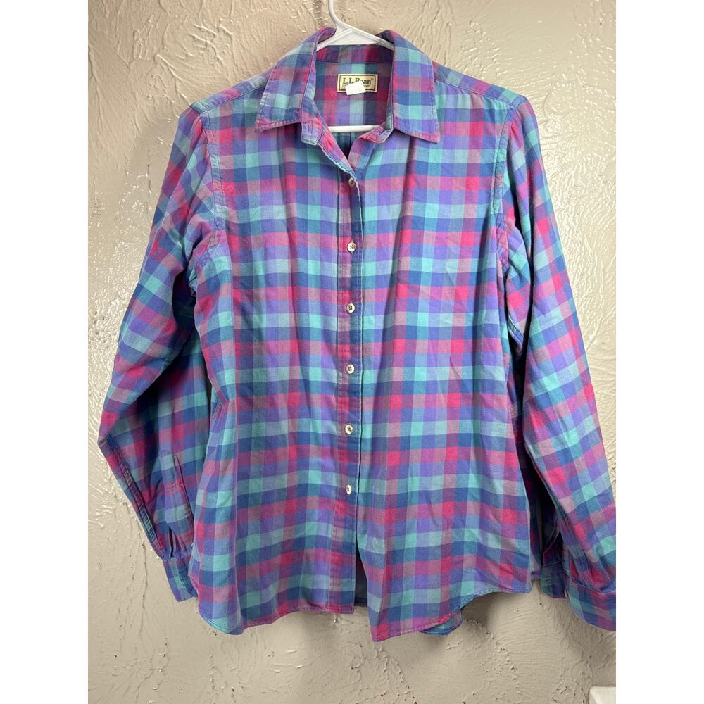 Vintage L.L.Bean Womens Plaid Flannel Purple Blue Button Up Size USA Made 16